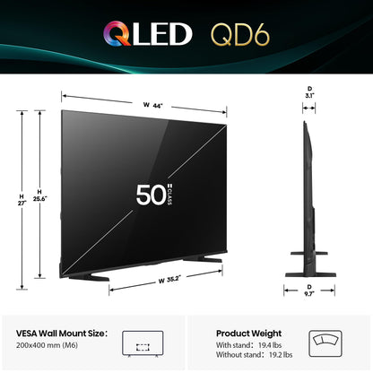 Hisense 50" Class QD6 Series (50QD6QF, 2025 Model) QLED 4K UHD Smart Fire TV, Voice Remote with Alexa, Dolby Vision, Dolby Atmos, Motion Rate 120, HDR 10+, Game Mode Plus, MEMC, VRR, ALLM