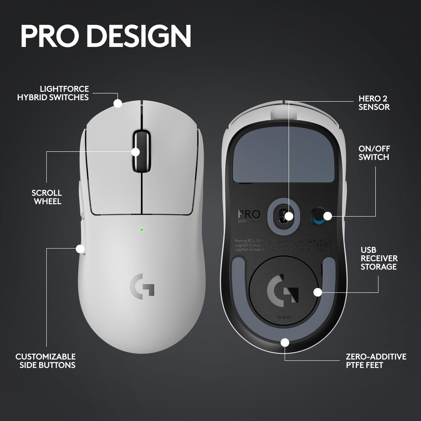 Logitech G PRO X SUPERLIGHT 2 Wireless Gaming Mouse, 60g Pro-Grade with 5 Programmable Buttons, 44k DPI Sensor, 8kHz Report Rate, USB-C Charging for PC/Mac - White
