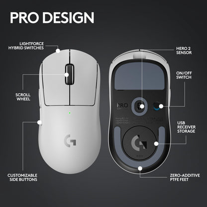 Logitech G PRO X SUPERLIGHT 2 Wireless Gaming Mouse, 60g Pro-Grade with 5 Programmable Buttons, 44k DPI Sensor, 8kHz Report Rate, USB-C Charging for PC/Mac - White