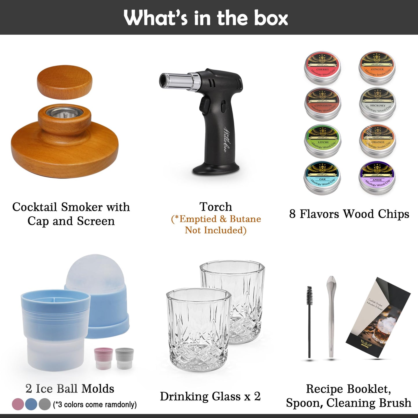 WillsCoo Cocktail Smoker Kit with Torch - 2 Whiskey Glasses 2 Ice Ball Molds 8 Flavor Orange Cinnamon Ginger Anise Wood Chips for Whiskey & Bourbon, Old Fashioned Smoker Set, Gifts for Men