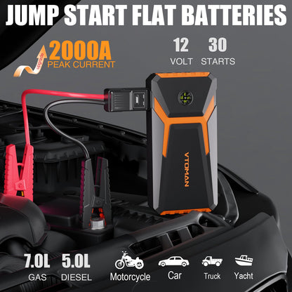 VTOMAN V6 Pro 2000A Jump Starter, Car Battery Jumper Starter Portable for 7L Gas/5L Diesel Engines, Jump Box,12V Auto Jump Start Battery Pack, Lithium Booster Pack, Portable Charger and Jumper Cables