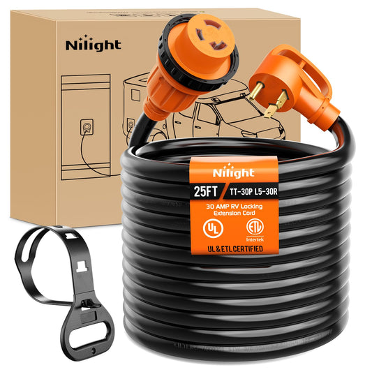 Nilight 30 Amp 25FT RV Locking Extension Cord 125V Heavy Duty 10 Gauge Pure Copper STW Wire ETL Listed 3 Prong TT-30P L5-30R 30F/30M Weatherproof Suit for Camper Trailer