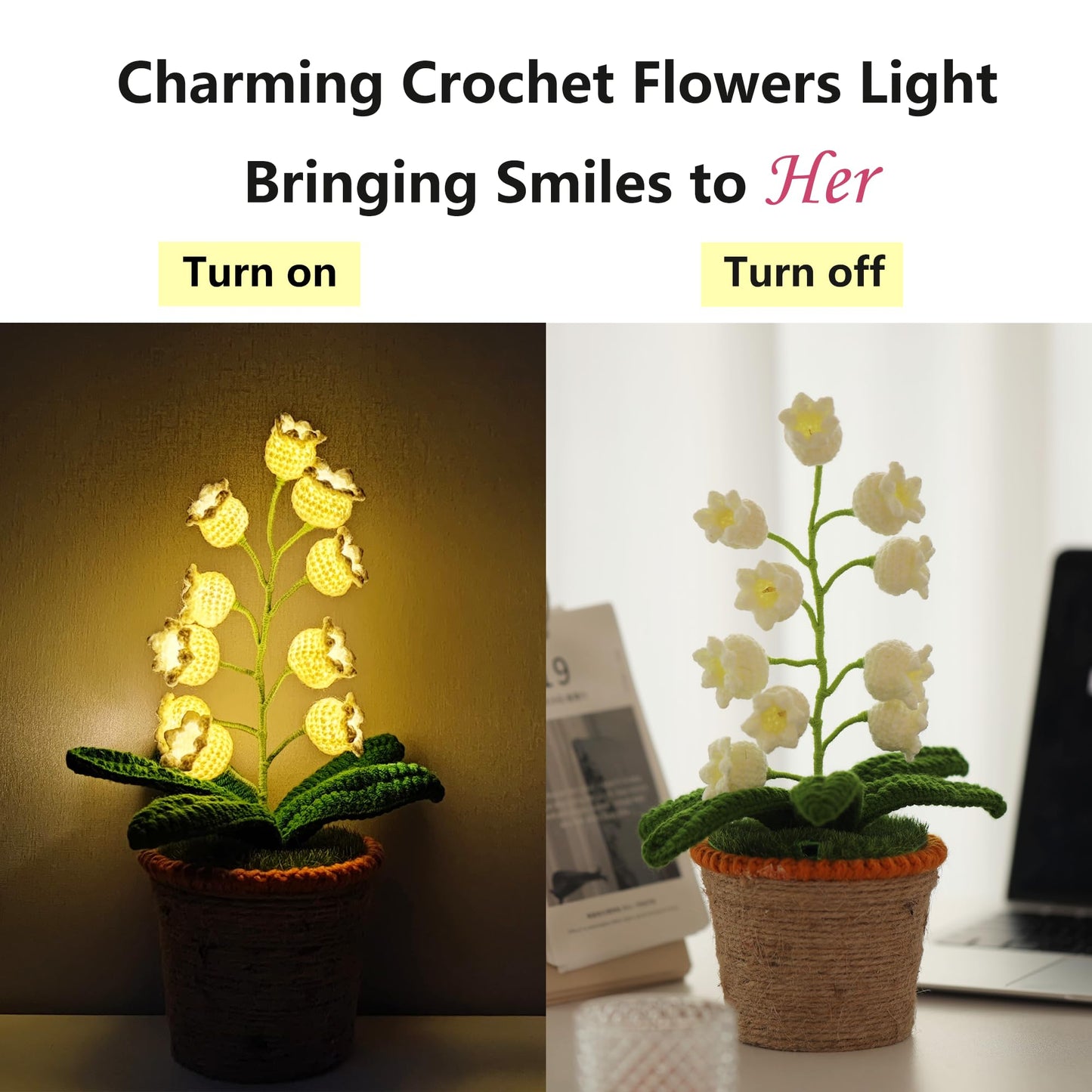 Lily of Valley Lamp, Crochet Artificial Flowers with Night Lights Fake Lily of Valley Included Pots - for Gift, Birthday, Ideas for Valentine's Day Mother's Day, Desk Home Decorations (L, Warm Lamp)