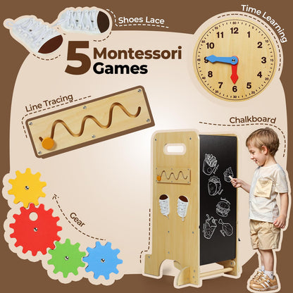 JUZBOT Toddler Tower 4 in 1 Toddler Kitchen Stool Helper Adjustable Standing Tower for Kitchen Counter with Safety Board, Slide, Chalkboard, Montessori Activities