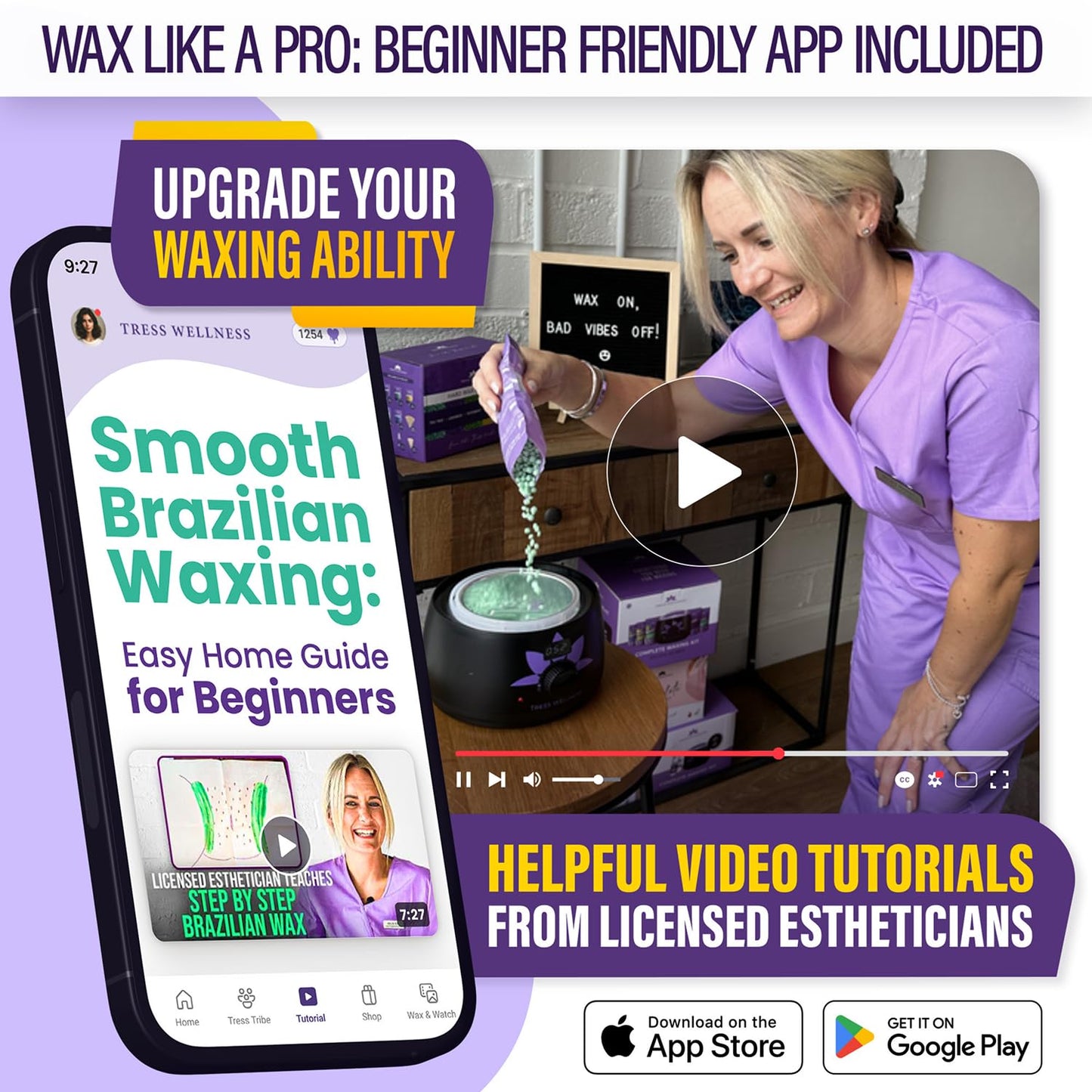 Tress Wellness Waxing Kit for Sensitive Skin, Safe for Face & Skin, Prep & Aftercare Spray, Easy to Use, At-Home Kit for Face, Bikini, Brazilian & Full Body - Digital Display, Black Purple Flower