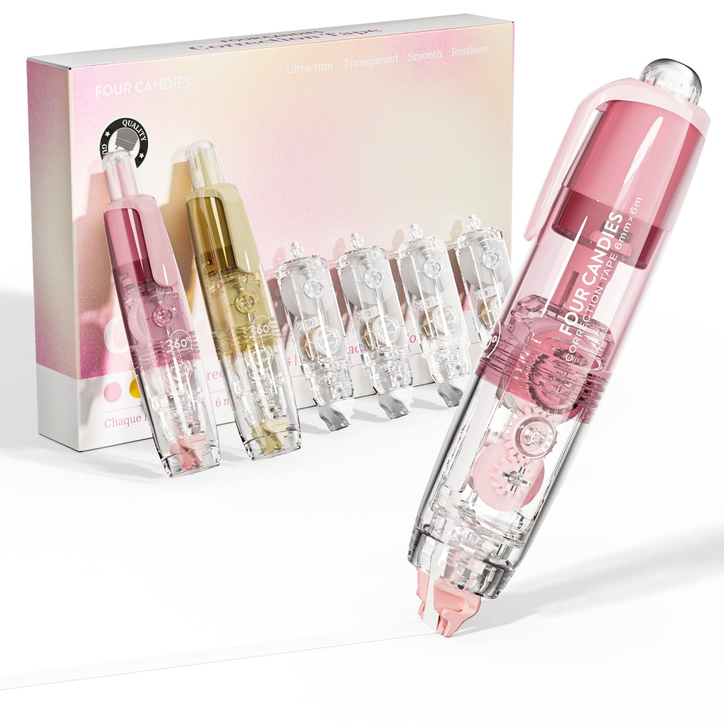 Four Candies Refillable Retractable White Correction Tape, 2PCS White Cute Smooth Push Pull Out Tape with 4 Extra Refills, Aesthetic Pen Shaped Applicator for School Office Supplies (Pink Apricot)