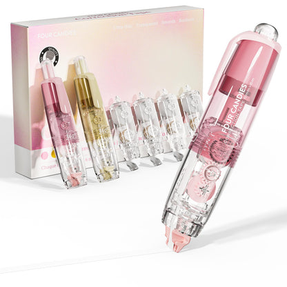 Four Candies Refillable Retractable White Correction Tape, 2PCS White Cute Smooth Push Pull Out Tape with 4 Extra Refills, Aesthetic Pen Shaped Applicator for School Office Supplies (Pink Apricot)