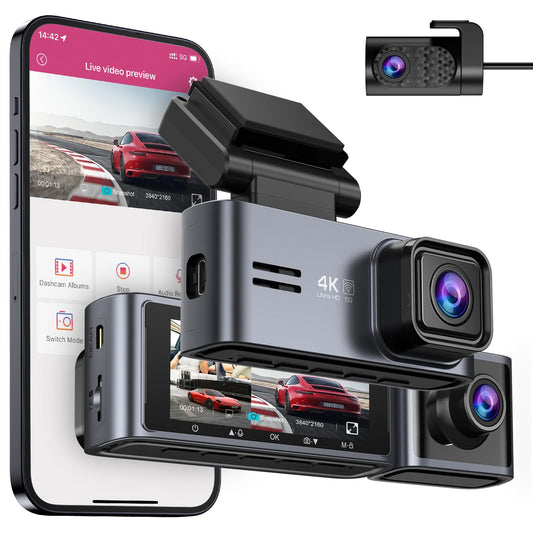 OMBAR Dash Cam 5G WiFi GPS, 3 Channel Dash Cam Front and Rear Inside 2K+1080P+1080P, 3.18" LCD Screen, 64GB Card Included, Dual Dash Camera for Cars 4K/2K/1080P+1080P IR Night Vision, WDR, G-Sensor