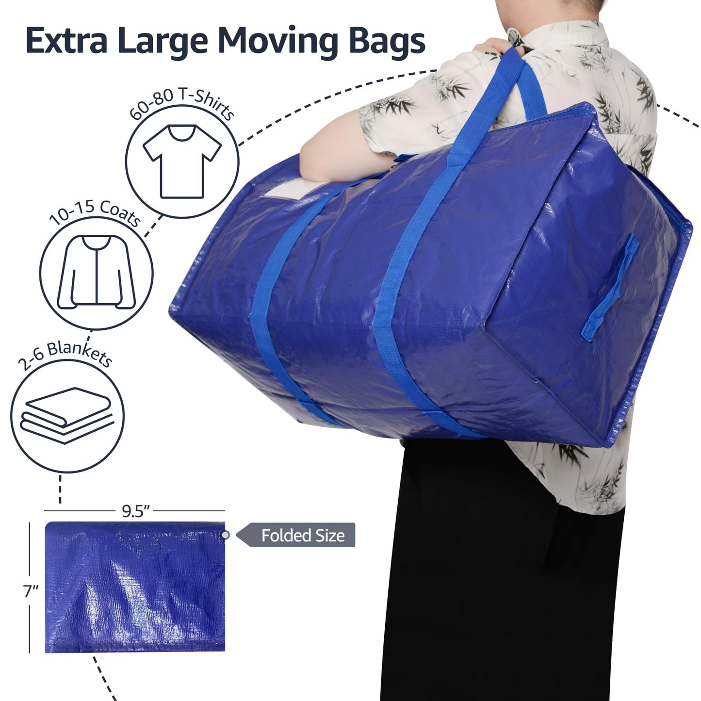 Moving Bags Heavy Duty Extra Large, Moving Boxes, Moving Supplies Essentials, Blue Storage Bins with Lids, Plastic Packing Totes, Storage Bags for Clothes with Handles & Zippers(Blue, 8 Pack)