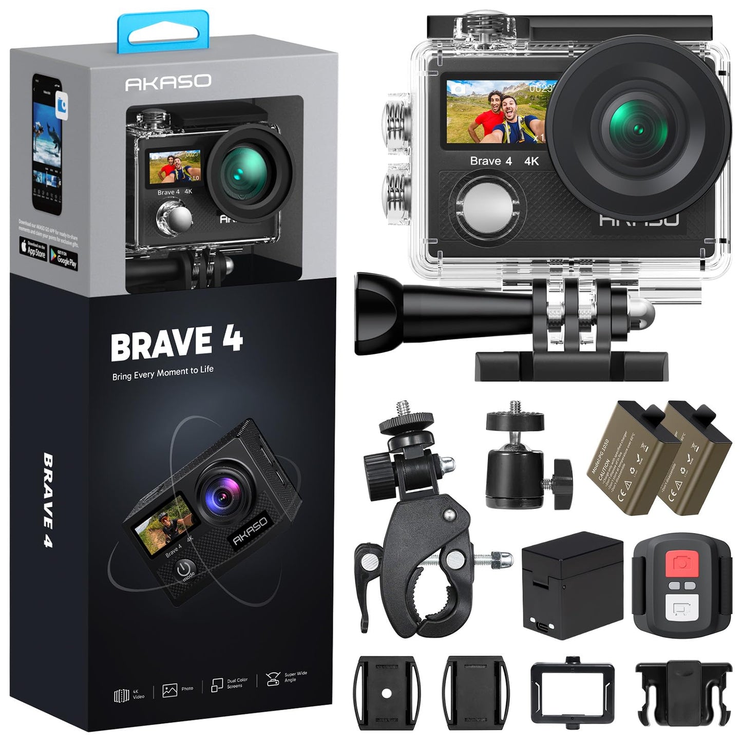 AKASO Brave 4 Action Camera 4K 30fps Ultra Hd Video 20MP Photo, EIS, WiFi Remote Control, 2X Batteries, Waterproof Underwater Camera for Snorkel, Travel, Motorcycle, Bicycle, Helmet Accessories Kit