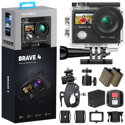 AKASO Brave 4 Action Camera 4K 30fps Ultra Hd Video 20MP Photo, EIS, WiFi Remote Control, 2X Batteries, Waterproof Underwater Camera for Snorkel, Travel, Motorcycle, Bicycle, Helmet Accessories Kit