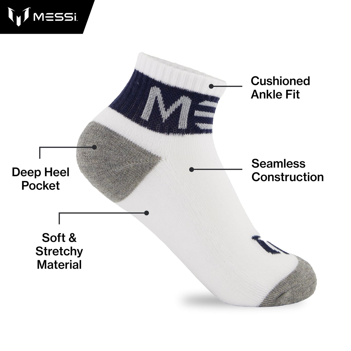 Messi Boys Lifestyle Ankle Socks, 6-Pack Kids Socks, Soft & Stretchy, Comfortable, White