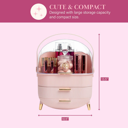 Paris Hilton Makeup Storage Organizer with Lid, Cosmetics and Skincare Organizer for Vanity, Portable Makeup Storage Box for Countertop, Top Gift Item, Fluted Design with Gold Accents, Pink