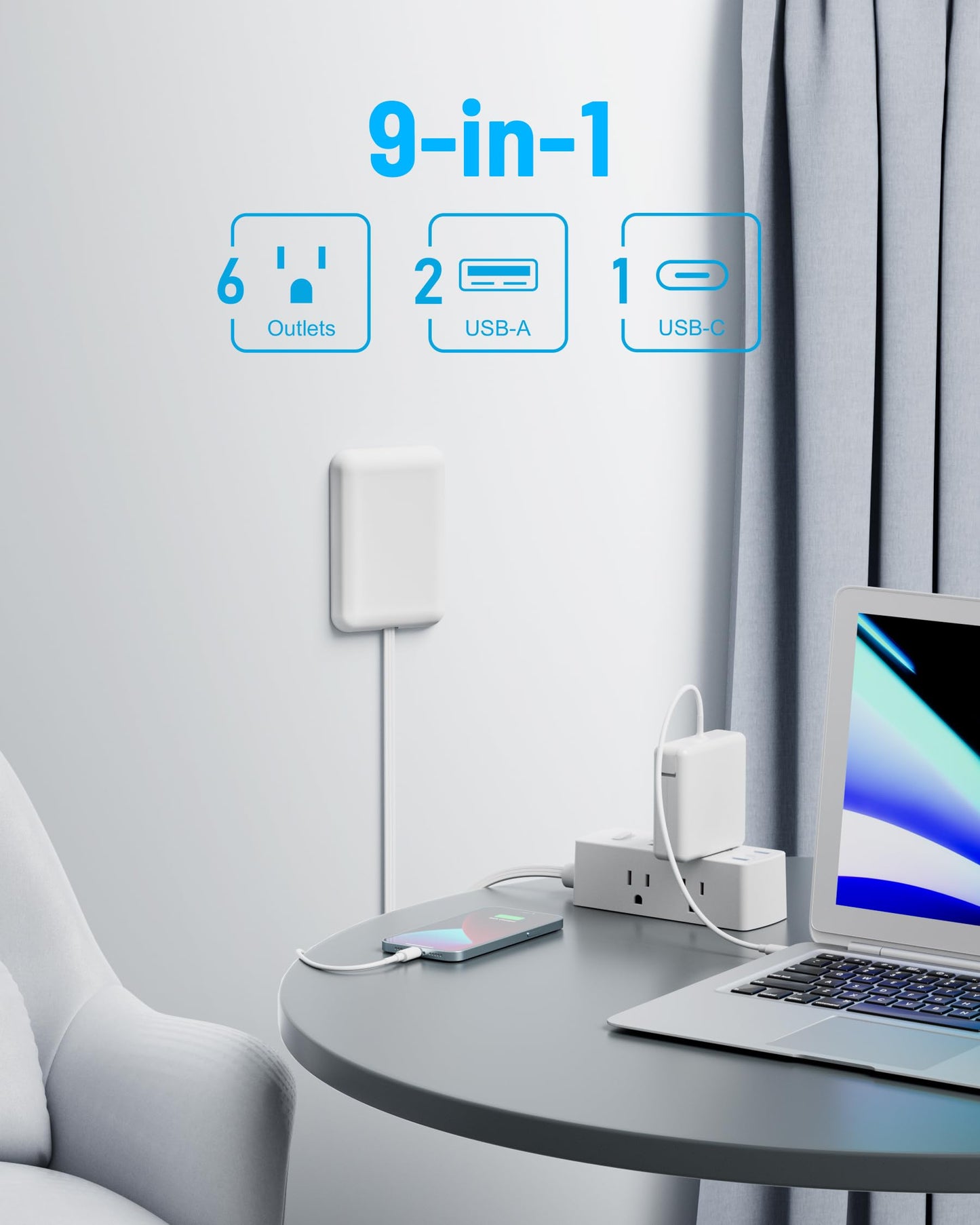 Olcorife Flat Extension Cord with Outlet Cover, Flat Plug Power Strip with 6 Outlets and 3 USB Ports, 2000 Joules Surge Protector, 5 FT Cord Hidden Outlet Extender for Tight Spaces, White