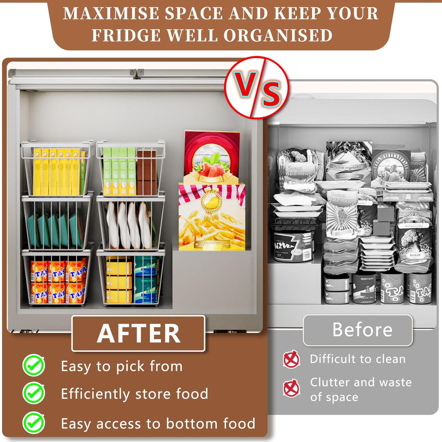 ANJUBAN Enhanced Leak-Proof Bottom - Freezer Organizer Bins ，4 Pack Stackable Deep Freezer Organizer Bins for 7 Cu.FT Small Chest Freezer，Easy Get Bottom Foods without Digging（white）