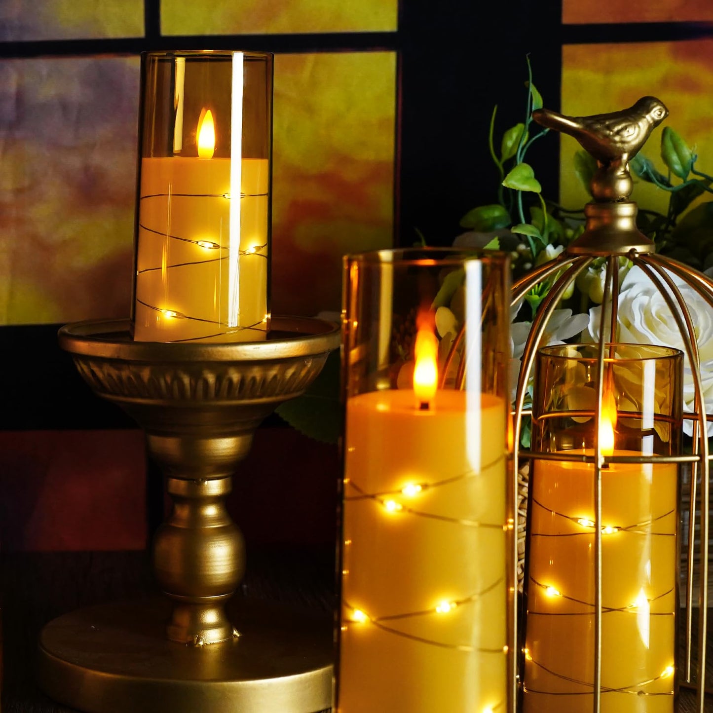 kakoya Flameless LED Candles with Timer 5 Pc Flickering Flameless Candles for Romantic Ambiance and Home Decoration Stable Acrylic Shell,with Embedded Star String，Battery Operated Candles（Gold）