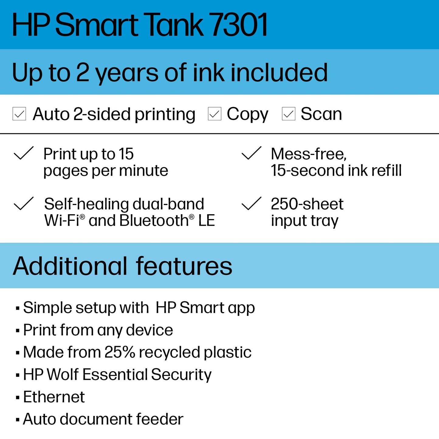 HP Smart -Tank 7301 Wireless All-in-One Cartridge-free Ink Printer, up to 2 years of ink included, mobile print, scan, copy, automatic document feeder (28B70A), Gray