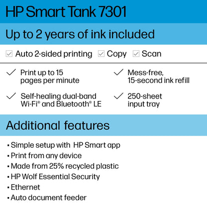 HP Smart -Tank 7301 Wireless All-in-One Cartridge-free Ink Printer, up to 2 years of ink included, mobile print, scan, copy, automatic document feeder (28B70A), Gray