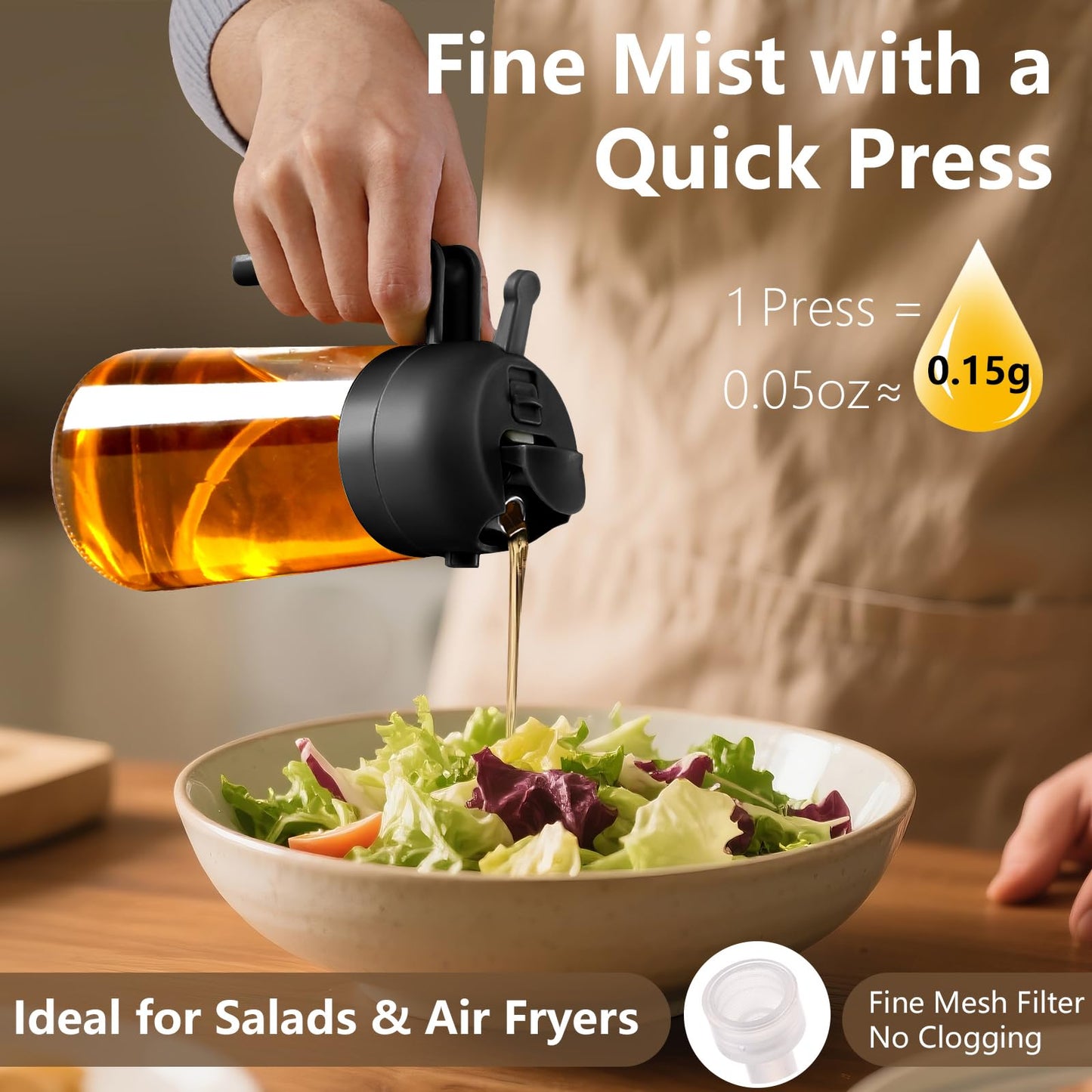 SWEET VIEW Olive Oil Sprayer for Cooking, 470ml 2 In 1 Glass Oil Dispenser/Pour Bottle, Kitchen Accessories, Kitchen Gadgets for Air Fryer, Salad, BBQ (Black)