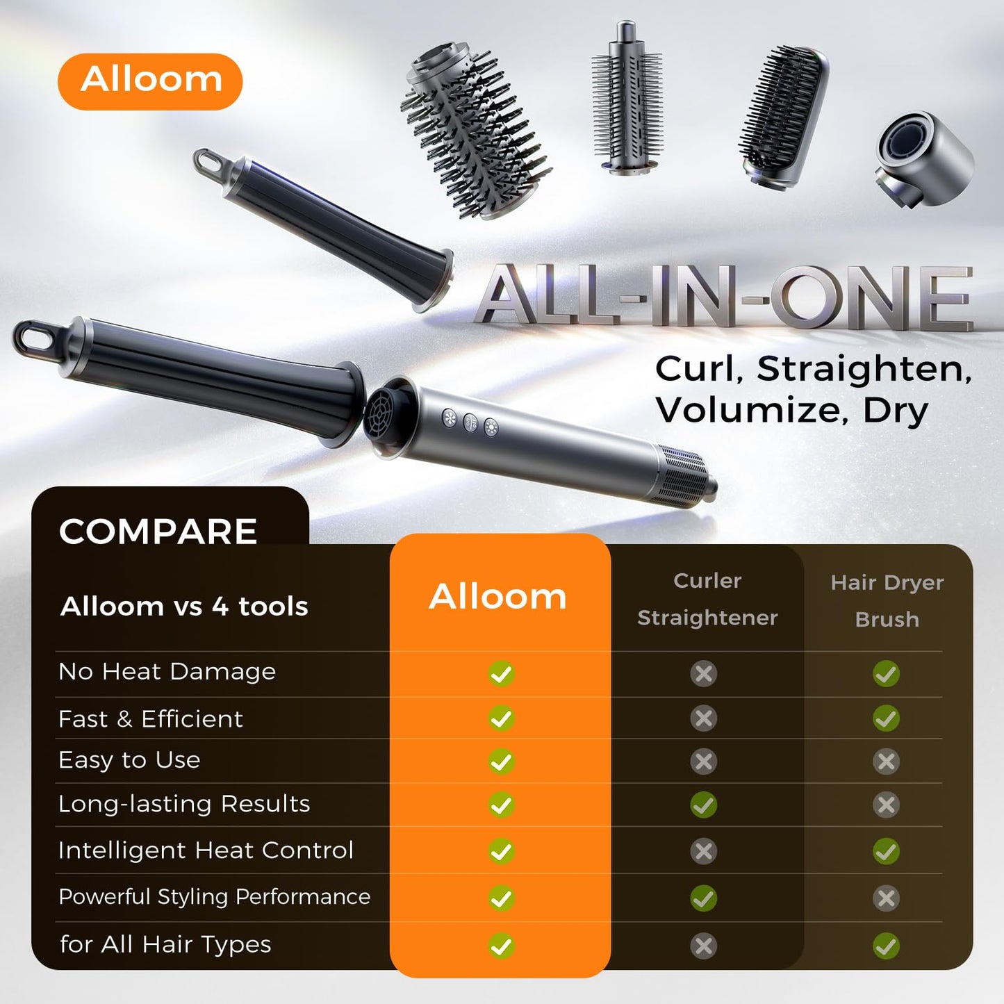 All-in-One Air Styler - Auto Curl, Straighten, Volumize, Dry - 160000 RPM High-Speed for Faster Styling - Reduces Heat Damage & Frizz Hair Styling Irons - Ionic Blow Dryer Brush for All Types (Nickel)