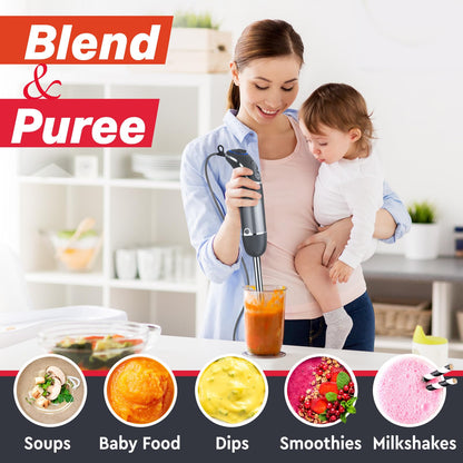 Mueller Multistick 800W 4-in-1 Immersion Blender Handheld, 12 Speed Hand Mixer - Turbo Boost, Heaviest Duty Copper Motor, Titanium Blades Hand Blender, Milk Frother Wand, Whisk, Beaker, Chopper, Grey