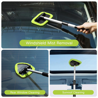 Qydipclin 11pcs Windshield Cleaner Tool, Car Window Cleaning Wash Kit with 6 Reusable Microfiber Pads 2 Spray Bottles and Extendable Handles Auto Glass Wiper Kit, Green