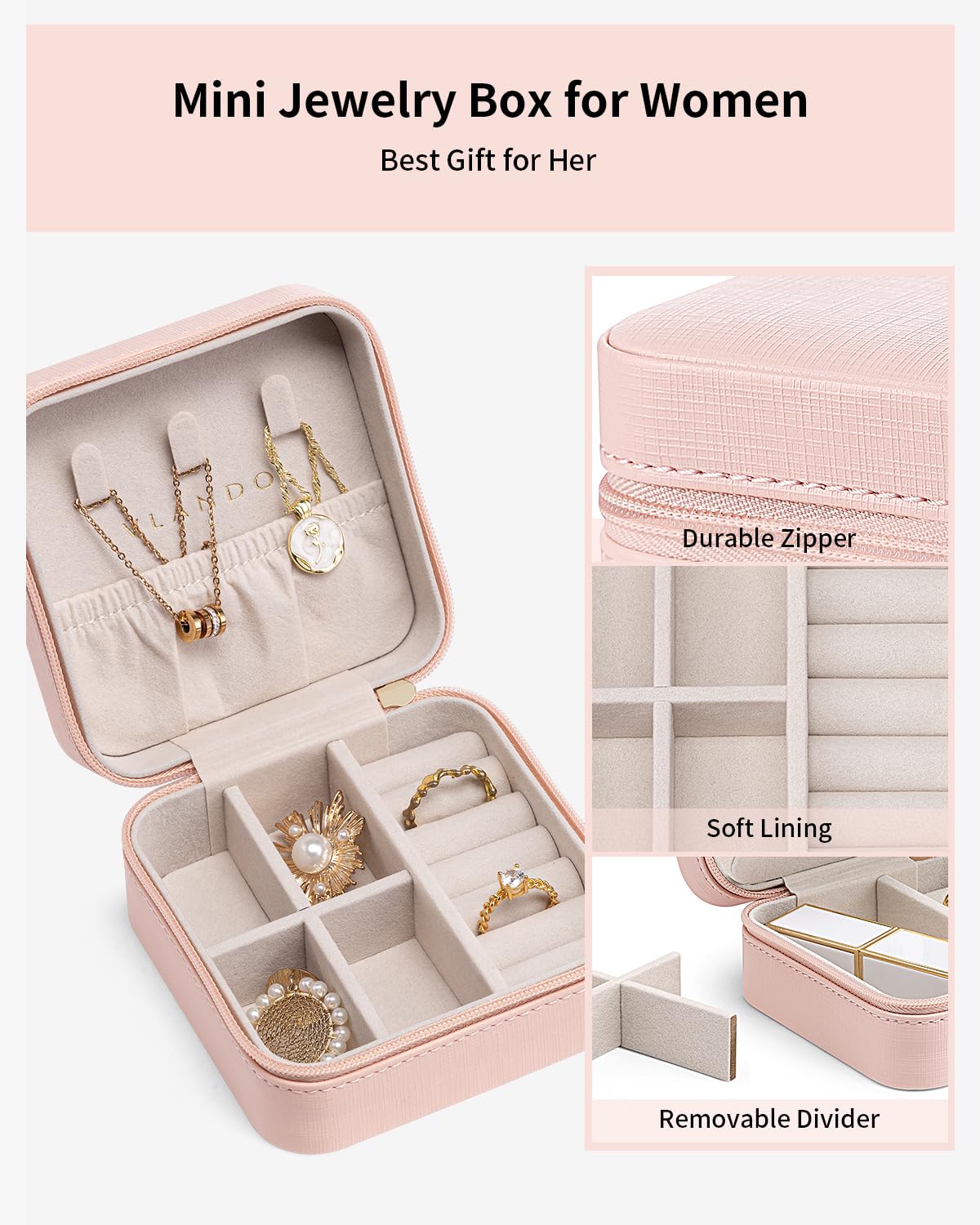 Vlando Travel Jewelry Case - Valentines Day Gifts for Her - Small Jewelry Travel Organizer Box Travel Essentials Gift for Teen Girl Women - Pink