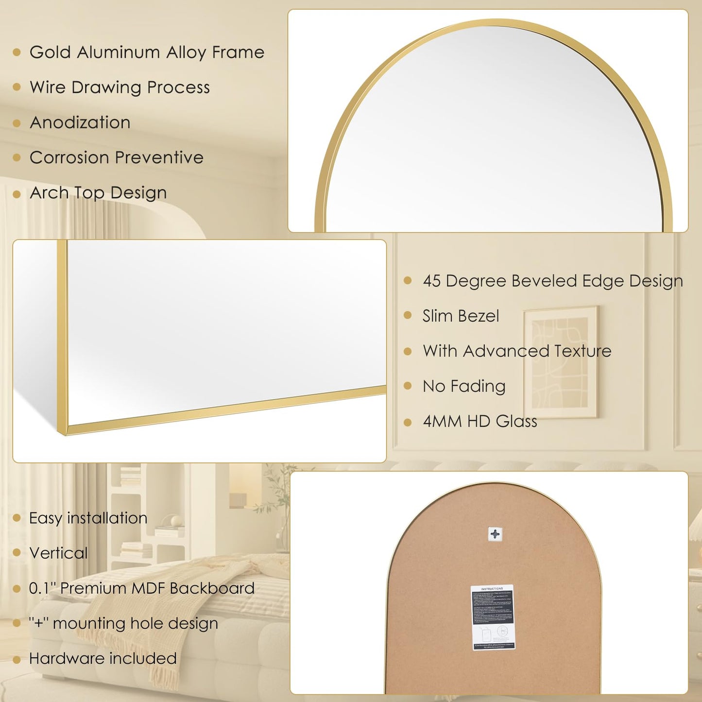 Minuover Arched Wall Mirror for Bathroom, 24"x36" Gold Mordern Metal Frame for Entryway Living Room Bedroom Wall Decor