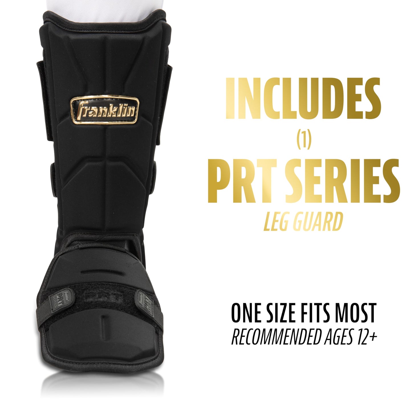 Franklin Sports Baseball + Softball Leg Guard - PRT Series Adult Shin + Foot Shield for Batting - Protective Leg + Ankle Guard with Toe Plate - Right Hand + Left Hand Hitters - Black/Gold - One Size