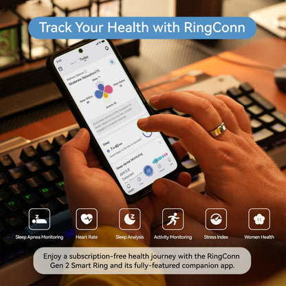 RingConn Gen 2, World’s First Smart Ring with Sleep Apnea Monitoring, No APP Subscription, 12-Day Battery Life, Stress/Heart Rate/Women's Health Tracker, Android & iOS Compatible (Silver, Size 10)