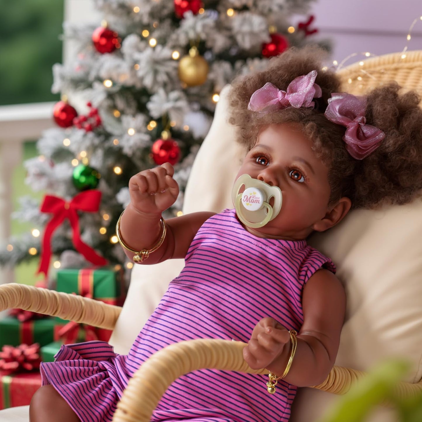 JIZHI Reborn Baby Dolls Black - 22 Inch Lifelike Soft Body Realistic-Newborn Baby Dolls Taupe Eyes Caramel Skin Tone Pink Striped Skirt Real Life and Toy Accessories Gift for Kids Age 3