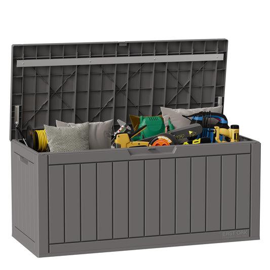 EAST OAK Outdoor Storage Box, 90 Gallon Deck Box, Waterproof Resin Storage Bin for Patio Cushions, Gardening Tools, Lockable, UV Resistant, Grey
