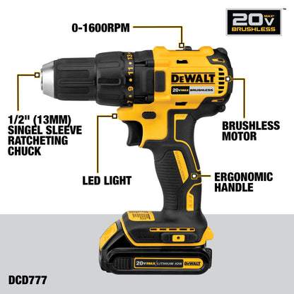 DEWALT 20V MAX Cordless Drill Driver, 1/2 Inch, 2 Speed, XR 2.0 Ah Battery and Charger Included (DCD777D1)