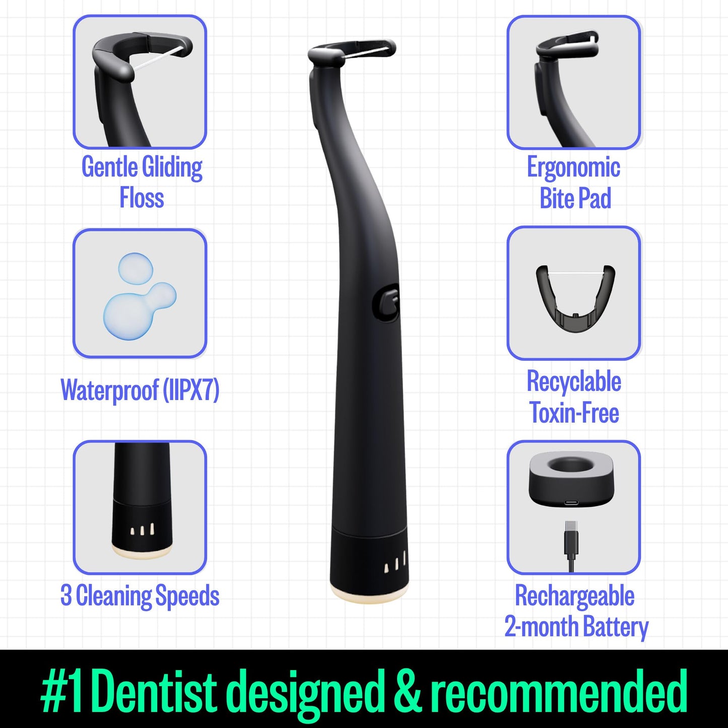 FLAUS Electric Flosser (Oprah's List, Shark Tank) 3 Speeds + 45 Refill Heads (Gentle Gliding Floss for Sensitive Gums) Water Flosser Alternative, Dentist Recommended Tooth Flossers Dental Floss Picks
