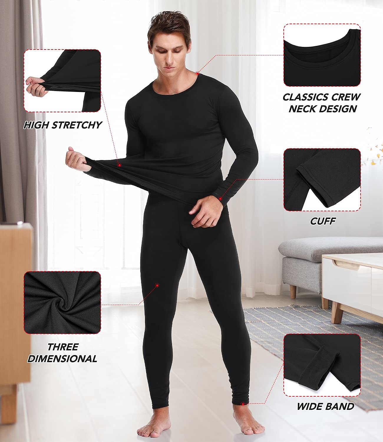 JZCreater Thermal Underwear for Men, Mens Long Johns Thermal Underwear Set, Fleece Lined Base Layer for Cold Weather Black
