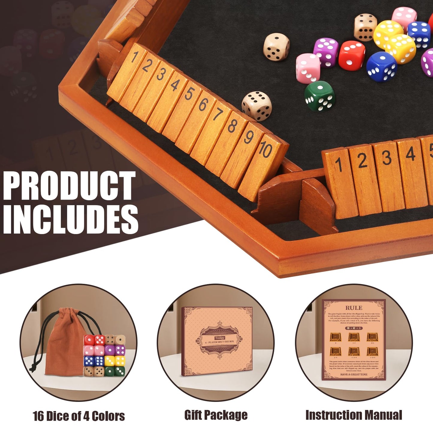 Toidgy 1-6 Players Shut The Box Dice Games, Wooden Board Table Math Game with 16 Dice and Instructions, Classics Close The Box Board Game for Adults Kids, Family Classroom Home or Bar