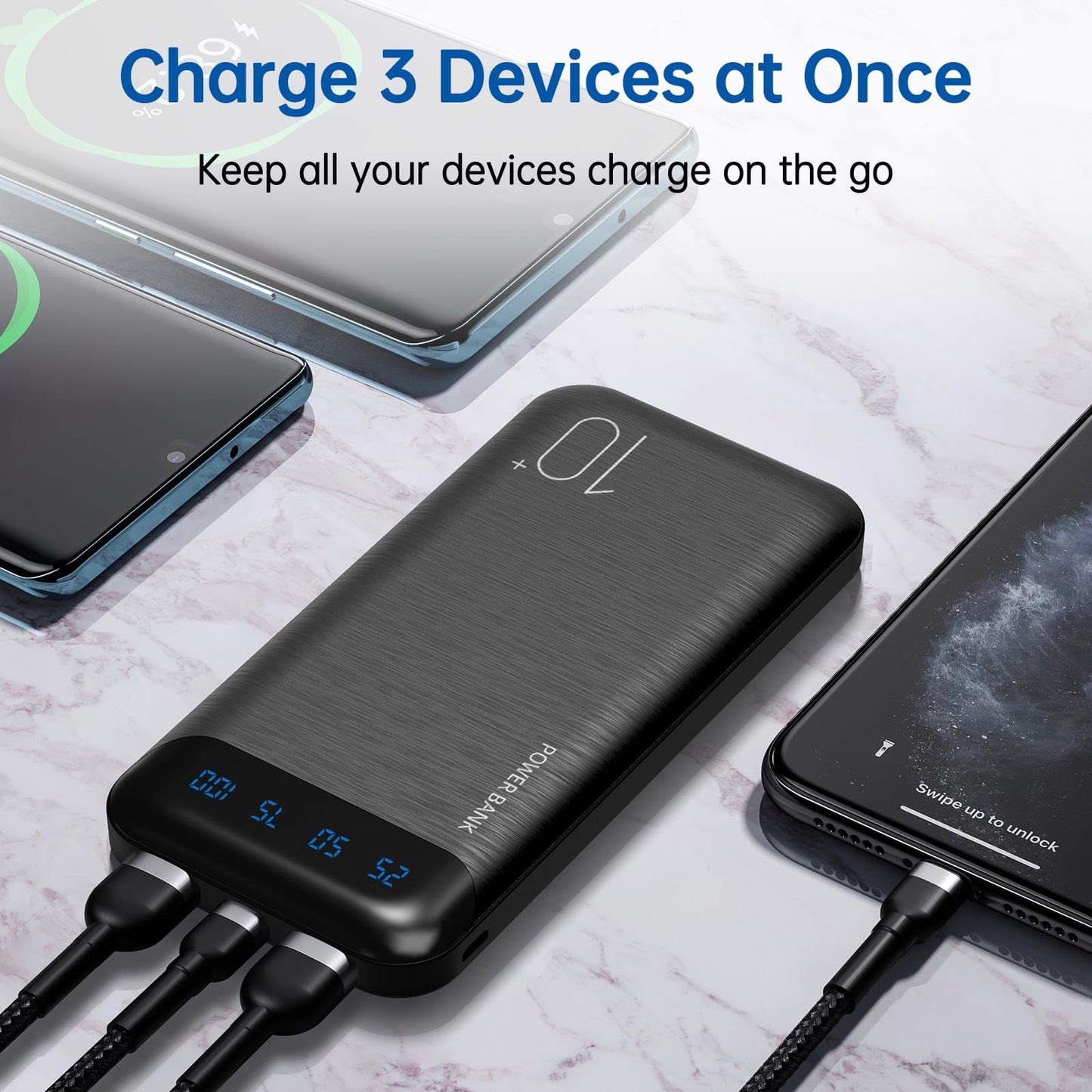 Power Bank 10000mAh Portable Charger Slim External Battery Pack with 2 USB 2.4A Outputs and USB C In/Out Compatible with Huawei iPhone 16 15 14 13 12 iPad Samsung Galaxy S20 Android Tablet (Black)