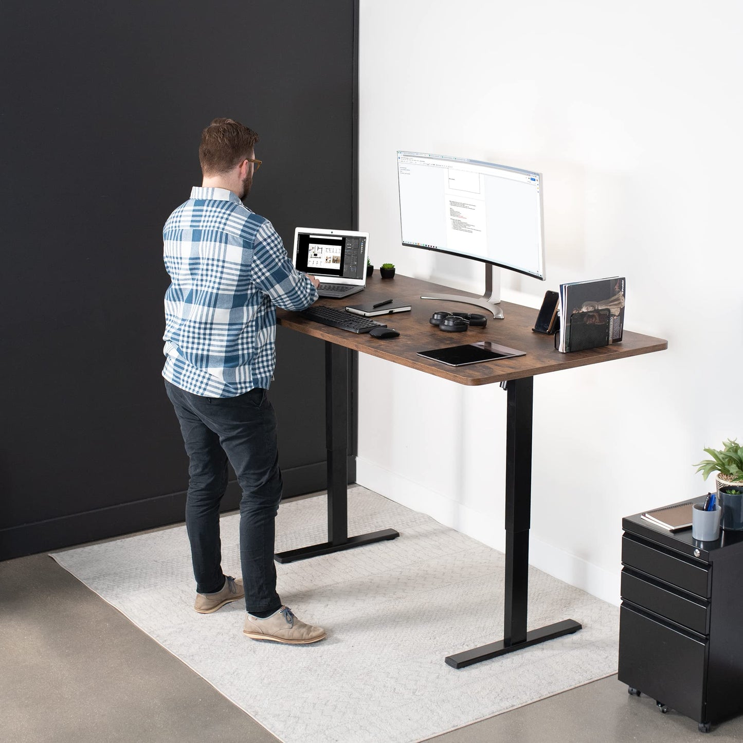 VIVO Electric 71 x 36 inch Rustic Standing Desk Workstation, Memory Controller Height Adjustment, 1B Series, Vintage Brown Top Black Frame, DESK-KIT-1B7N-36