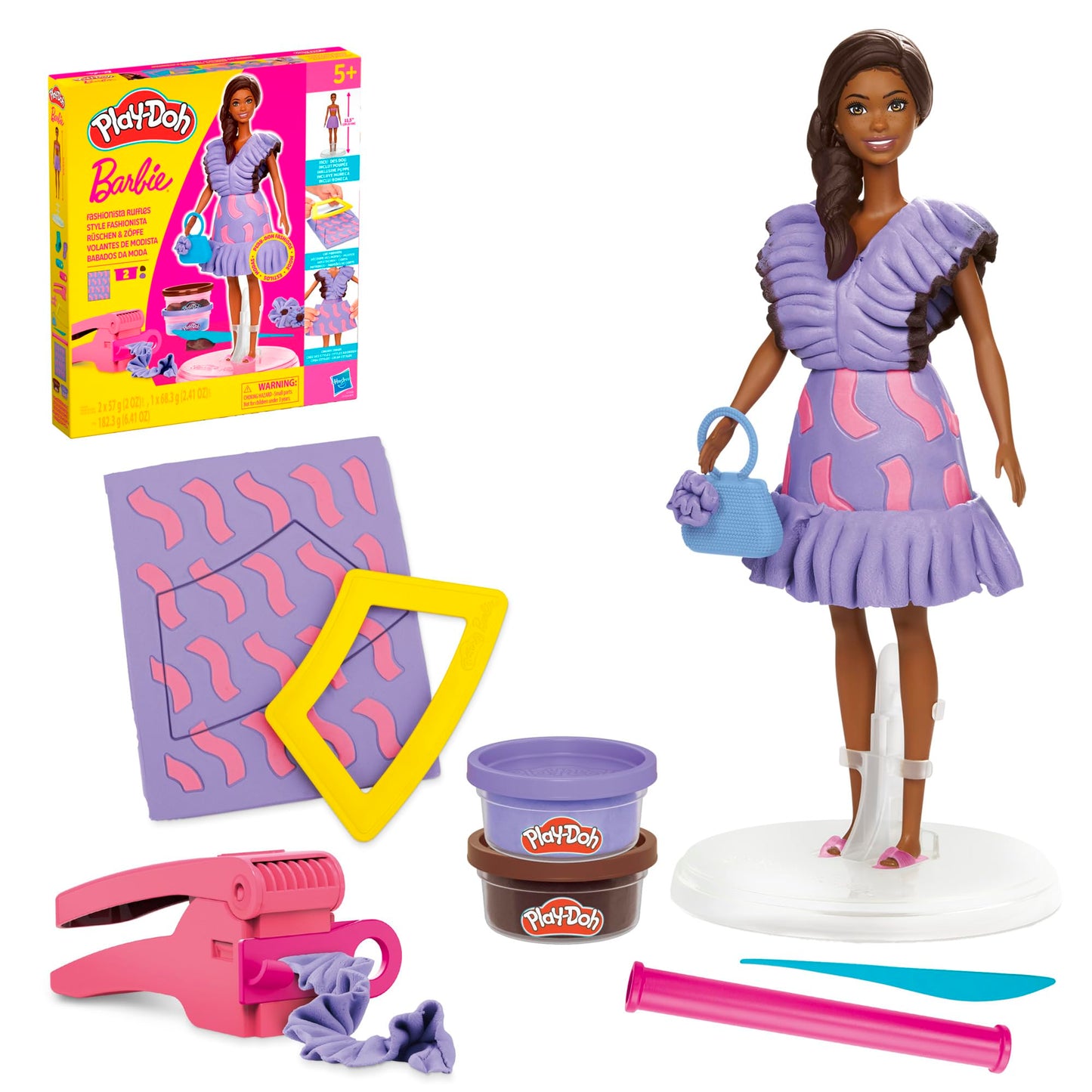Play-Doh Barbie Fashionista Ruffles Set, Make Doll Clothes with Modeling Compound & 10 Fashion Accessories, Arts & Crafts for Girls & Boys, Kids Christmas Gifts, 5+