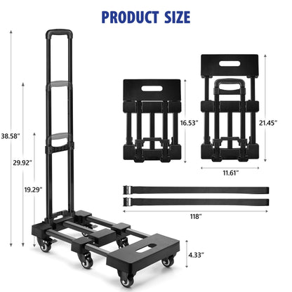 KEDSUM Folding Hand Truck with 6 Wheels(2 with Brake), 530 LBS Heavy Duty Collapsible Dolly Cart, Car Seat Dolly with 2 Lashing Straps for Airport, Travel, Moving, No Assembly Required, Black
