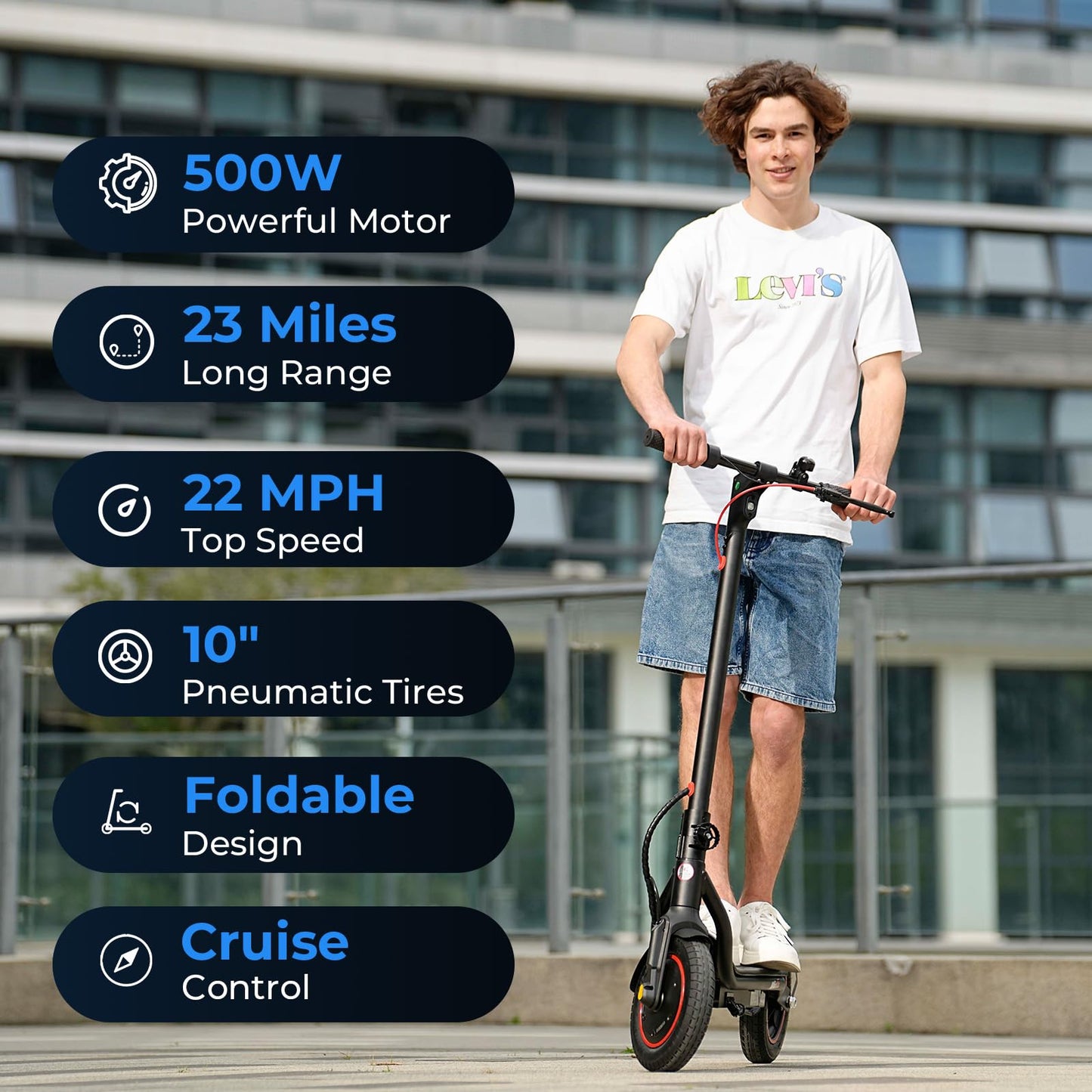 Escoone Electric Scooter for Adults, 500W Powerful Motor, 22 MPH Top Speed & 23 Miles Long Range, 10" Pneumatic Tires, Foldable E Scooter for Commuting with Double Braking System and Cruise Control