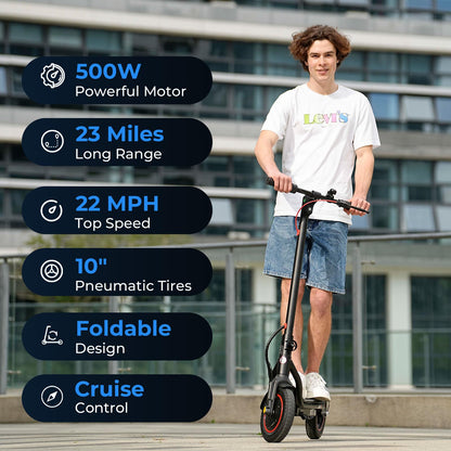 Escoone Electric Scooter for Adults, 500W Powerful Motor, 22 MPH Top Speed & 23 Miles Long Range, 10" Pneumatic Tires, Foldable E Scooter for Commuting with Double Braking System and Cruise Control