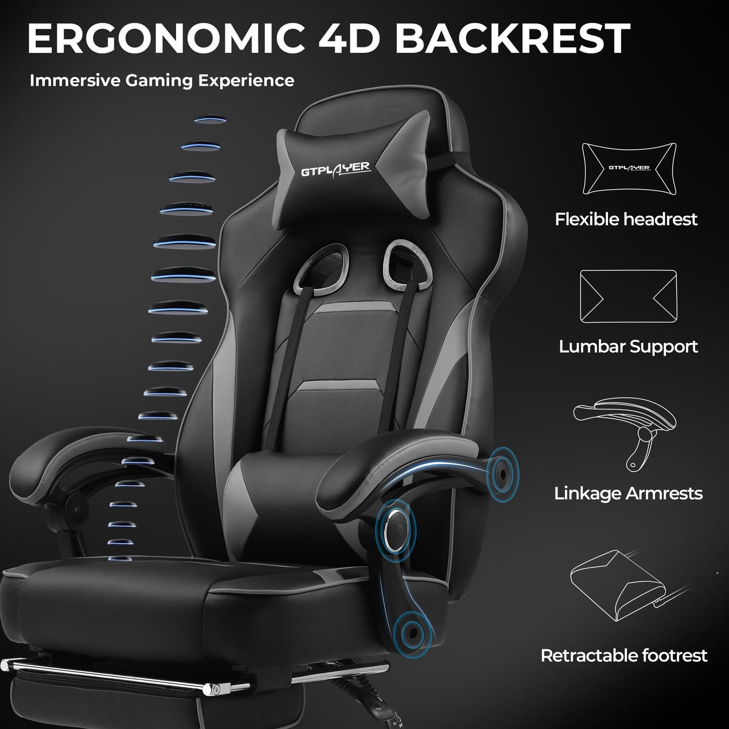 GTPLAYER Gaming Chair with Footrest, Big and Tall Computer Game Chair 350lb Racing Style, Ergonomic High Back Lumbar Support and Recliner, Moon Gray
