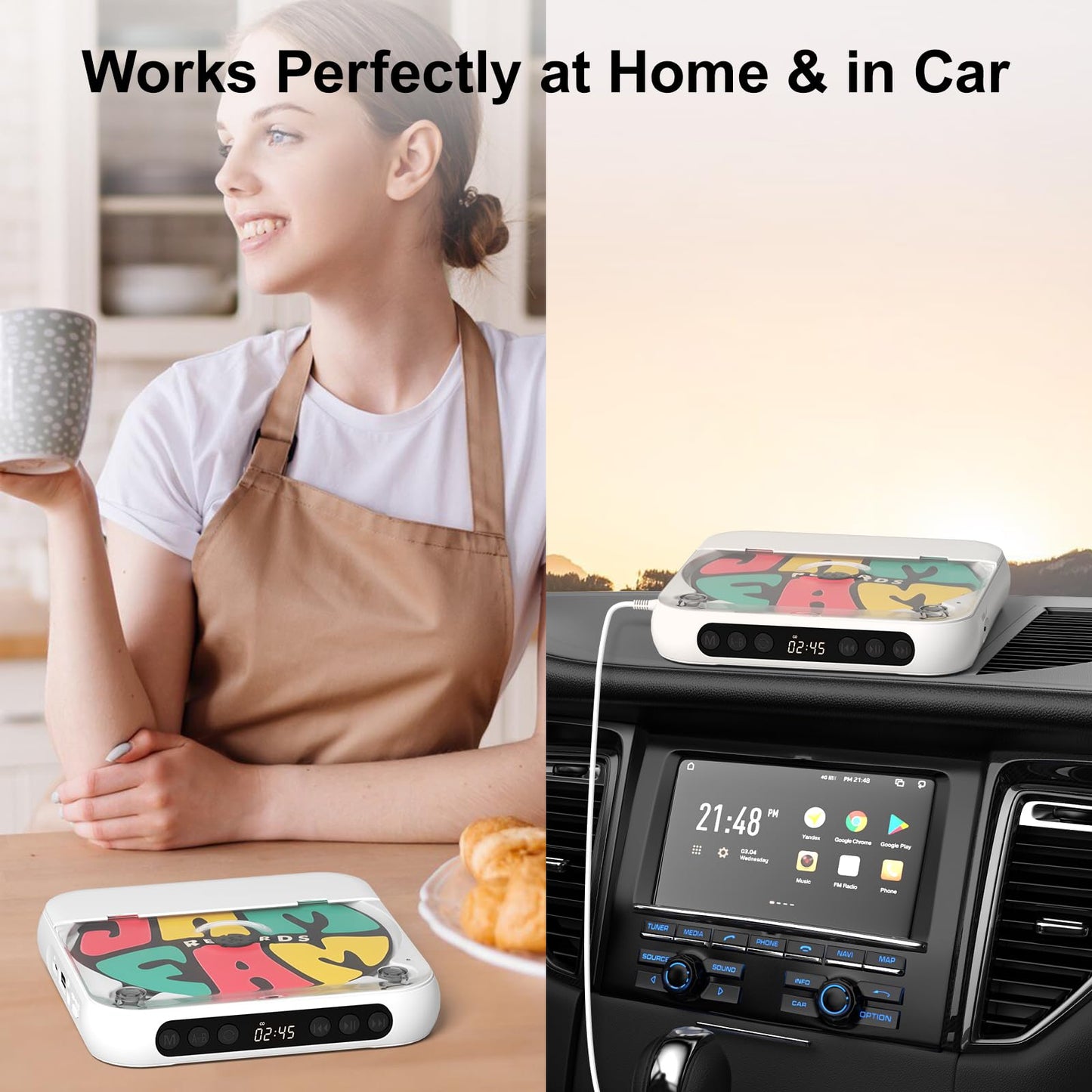 SKYANS Portable CD Player with Bluetooth 5.3, 2000mAh Rechargeable CD Players for Home/Car, Built-in HiFi Speaker, Headphones, LCD Screen, Supports CD/AUX/USB and Repeat Modes, White