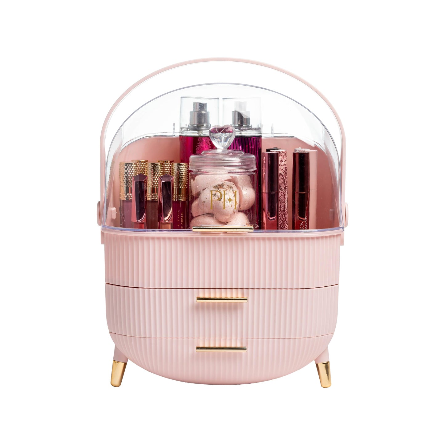 Paris Hilton Makeup Storage Organizer with Lid, Cosmetics and Skincare Organizer for Vanity, Portable Makeup Storage Box for Countertop, Top Gift Item, Fluted Design with Gold Accents, Pink