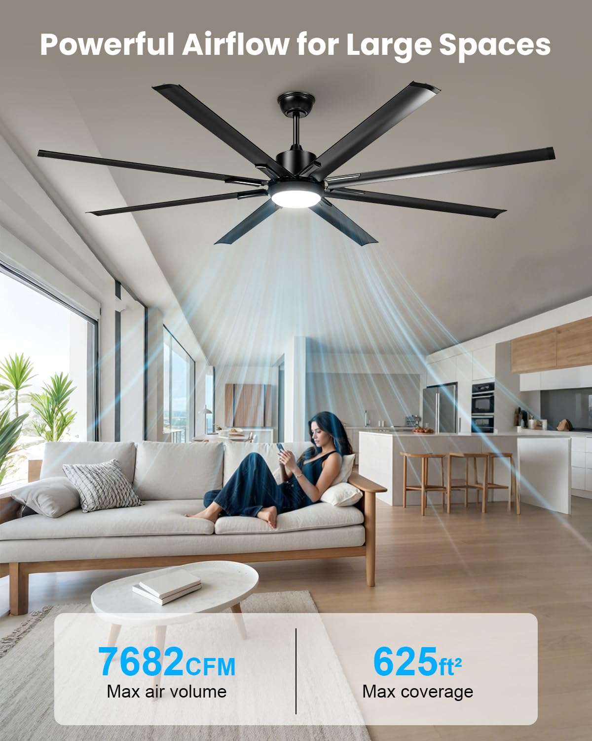 72 Inch Large Industrial Ceiling Fan with Light and Remote-8 Aluminium Blades Ceiling Fan with Energy Efficient DC Motor,Reversible Airflow-Ideal for Living Room,Patio,Garage,and Commercial Spaces