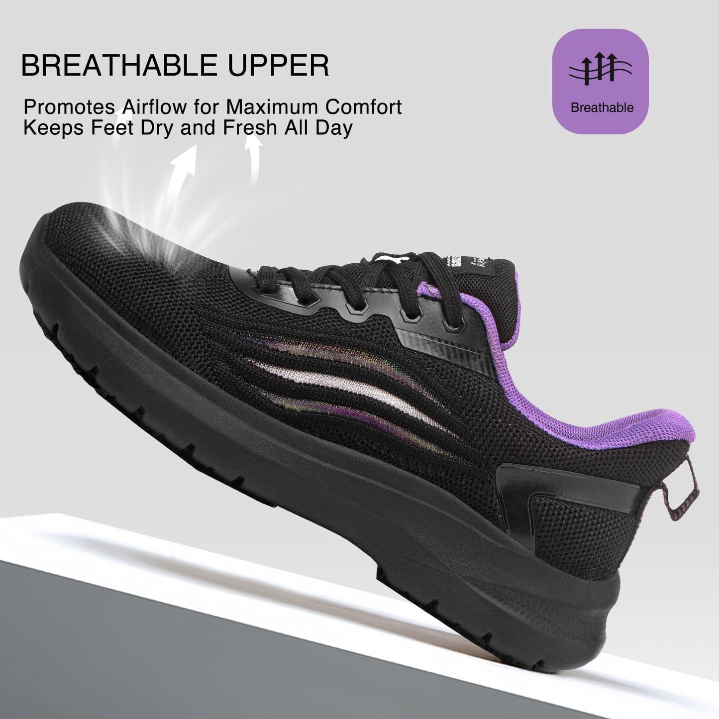 Treesky Non Slip Work Shoes for Women in Food Service - Slip Resistant, Comfortable & Lightweight Sneakers, Suitable for Restaurant, Kitchen & Nursing Crews (Black & Purple, Size 7)