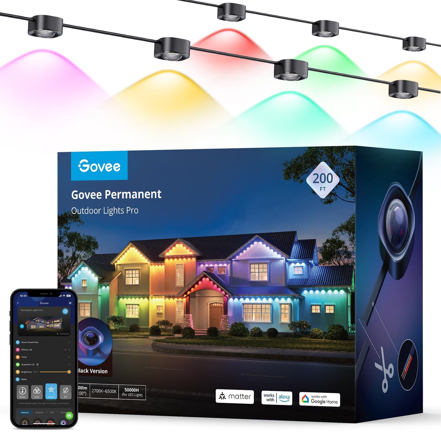 Govee Permanent Outdoor Lights Pro, 200ft with 120 RGBIC LED Lights for Daily and Accent Lighting, 75 Scene Modes for Halloween, IP67 Waterproof, Works with Alexa, Google Assistant, Matter, Black