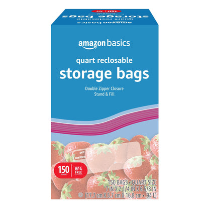 Amazon Basics Reclosable Quart Food Storage Bags, BPA Free, 150 Count