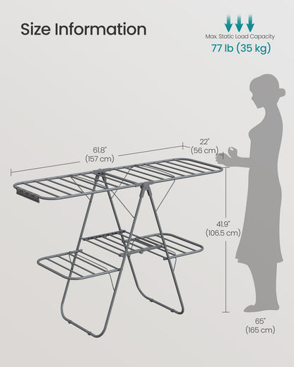 SONGMICS Clothes Drying Rack, Foldable 2-Level Laundry Drying Rack, Free-Standing Laundry Airer, with Height-Adjustable Wings, 33 Drying Rails, Sock Clips, Gray ULLR053G02V1